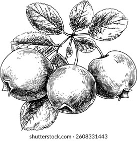Cranberry vector sketch of a drawn set. Covering fruits and leaves.