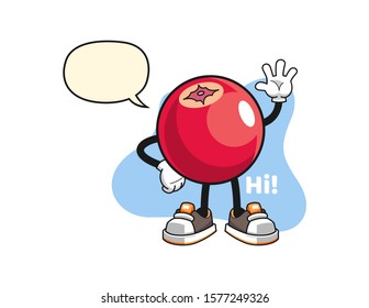 Cranberry wave hand with speech bubble cartoon. Mascot Character vector.