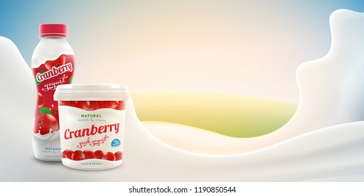 Cranberry yogurt ads with blank jar and bottle on bright background with milk splash commercial product mock-up vector realistic illustration