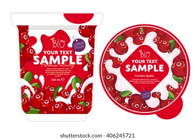 Cranberry yogurt package design with yogurt splash isolated on white background. Packaging design template of fruit yogurt container. Cranberry yogurt cup design layout.