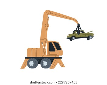 Crane arm lifting old used car for compressing, utilizing. Breaker grabbing abandoned auto, broken automobile, transport junk, garbage, trash. Flat vector illustration isolated on white background