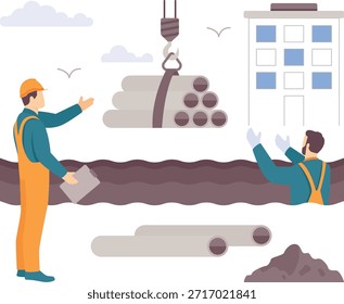 Kranunterstütztes Pipeline-Platzierungskonzept, Vor-Ort-Überwachung der Versorgungsinstallation, Vektordesign, Banner für Bauarbeiter, Szene für qualifizierte Arbeitskräfte, Stockgrafik für Tiefbauarbeiten