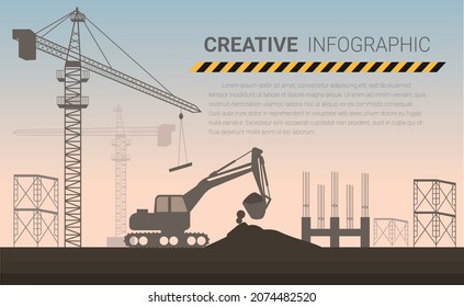 Crane and backhoe in construction site. Construction vector background for presentation, Ready template for web site, Landing page and presentation of your company.
