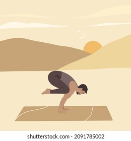 Crane or Bakasana Posture performed by asian handsome fit man at the nature at sunset in the mountains with background drawn in boho style.