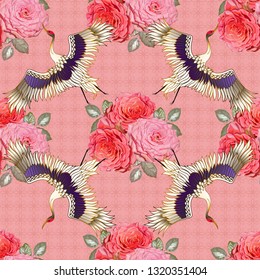 Crane with beautiful pink roses and line art seamless pattern -vector