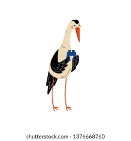 Crane with Binoculars, Bird Character Having Hiking Adventure Travel or Camping Trip Vector Illustration