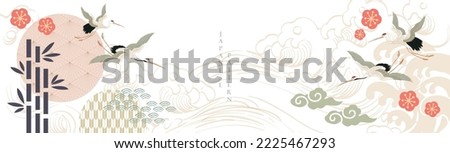 Crane bird and art natural landscape background with Asian traditional icon vector. Cherry blossom flower leaves and cloud element decoration in vintage style. Bamboo and hand drawn wave banner design