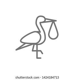 Crane bird with baby bag, stork line icon.