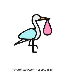 Crane bird with baby bag, stork flat color line icon.