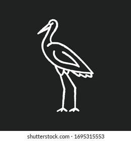 Crane bird chalk white icon on black background. Heron standing in pose. Elegant animal in stance. Japanese bird with long neck. Fauna and wildlife. Isolated vector chalkboard illustration