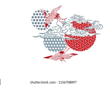 crane bird circles clouds japanese chinese vector design pattern card 