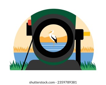 Crane bird clearly visible from monocular used for bird watching, vector illustration.