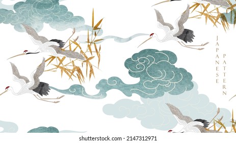 Crane bird decoration vector. Chinese cloud background with hand drawn bamboo seamless pattern banner design with natural landscape template in vintage style.