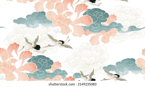 Crane bird decoration vector. Chinese cloud background with hand drawn flower seamless pattern banner design with natural landscape template in vintage style. Peony floral element.