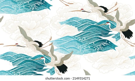 Crane bird decoration vector. Chinese peony flower background with hand drawn ocean wave seamless pattern banner design with natural landscape template in vintage style.