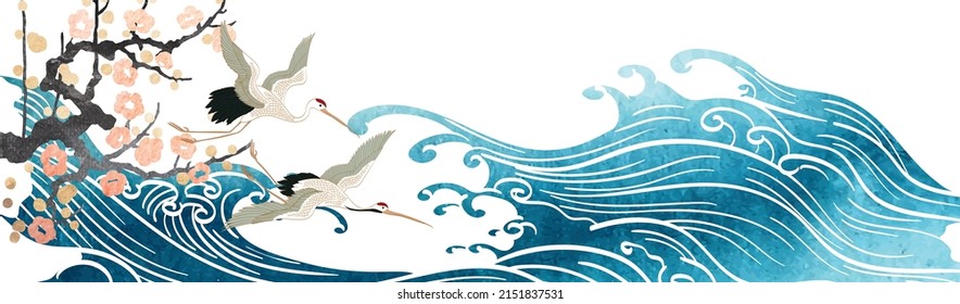 Crane bird decoration vector. Chinese peony flower background with hand drawn ocean wave pattern banner design with natural landscape template in vintage style.