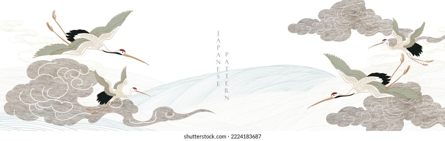 Crane bird decoration vector. Hand drawn chinese cloud with Japanese pattern vector. Flyer, banner or presentation in vintage style. Grey watercolor texture with line wave pattern.