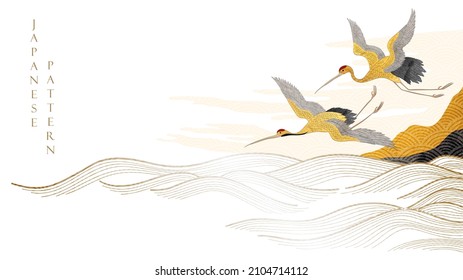 Crane bird decoration vector. Japanese background with hand drawn wave pattern. Ocean sea banner design with natural landscape template in vintage style. - Shutterstock ID 2104714112