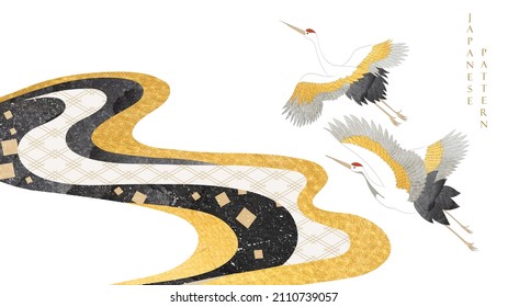 Crane bird decoration vector. Japanese background with hand drawn wave pattern. Hand drawn abstract art banner design with natural landscape template in vintage style.