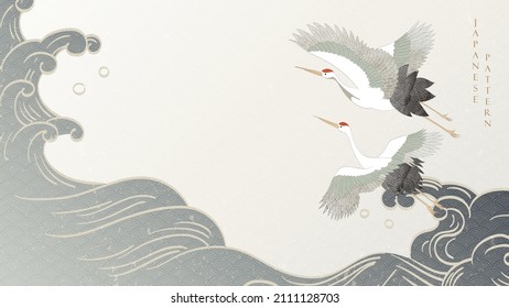 Crane bird decoration vector. Japanese background with hand drawn line wave pattern. Ocean sea banner design with natural landscape art template in vintage style.