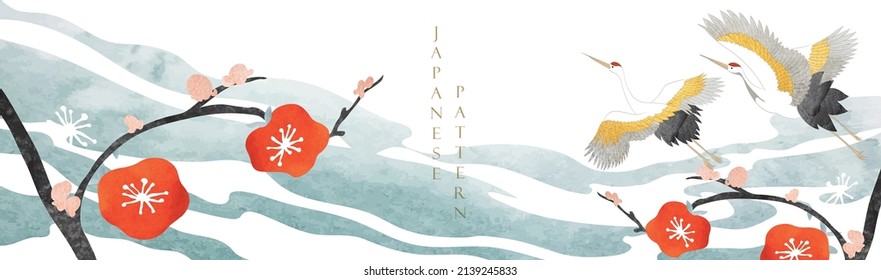 Crane bird decoration vector. Japanese background with hand drawn wave pattern. Ocean sea banner design with natural landscape template in vintage style. Branch of flower element.