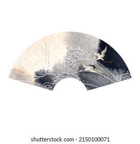 Crane bird decoration vector. Japanese background with hand drawn wave pattern. Ocean sea banner design with natural landscape template in vintage style. Black and white brush stroke painting.