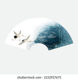 Crane bird decoration vector. Japanese background with hand drawn wave pattern. Ocean sea banner design with natural landscape template in vintage style. Blue and white brush stroke painting.