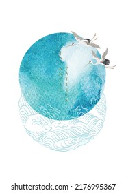 Crane bird decoration vector. Japanese background with hand drawn wave pattern. Ocean sea banner design with natural landscape template in vintage style. Watercolor texture with circle shape.