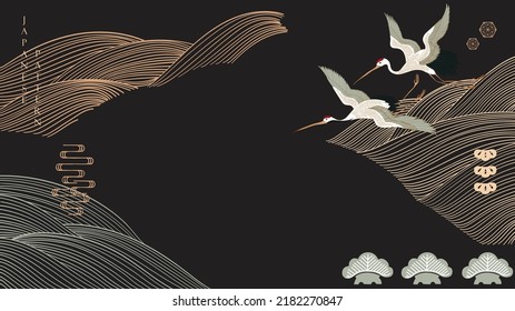 Crane bird decoration vector. Japanese background with hand drawn line wave pattern. Ocean sea banner design with natural landscape template in vintage style. Asian icon.