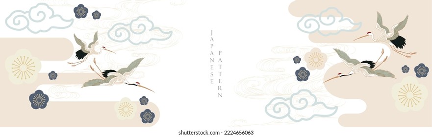 Crane bird decoration vector. Japanese background with cherry blosson icon vector. Hand drawn wave chinese cloud decorations in vintage style. Art abstract banner design.