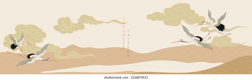 Crane bird decoration vector. Japanese background with chinese cloud pattern. Mountain landscape with natural art template in vintage style.