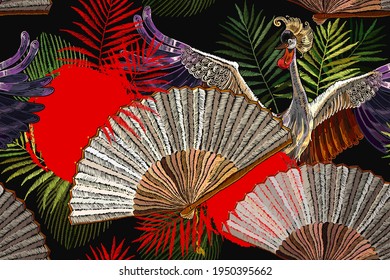 Crane bird, fan, palm leaves and red sun. Japan art. Fashion oriental concept. Japanese and Chinese style. Ethnic template for clothes. Asian seamless pattern 