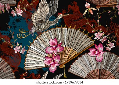 Pájaro de grúa, ventilador, sol rojo emergente y flores sakura. Arte japonés. Patrón asiático horizontal sin costuras. japonés y chino. Plantilla étnica para ropa. Arte oriental de moda