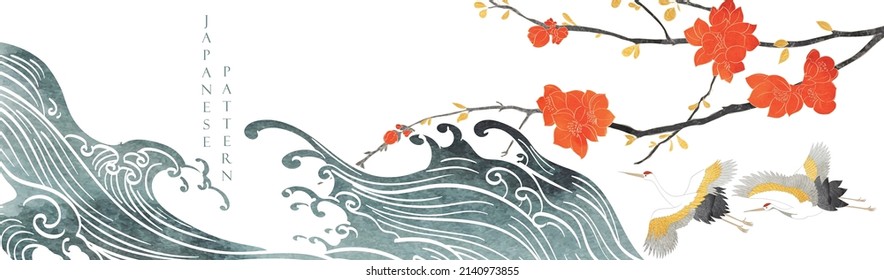 Crane bird with flower element decoration vector. Japanese background with hand drawn wave pattern banner. Ocean sea banner design with natural landscape template in vintage style. Watercolor texture.