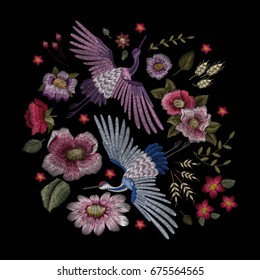 Crane bird, flowers, rose, plant. Traditional folk stylish stylish embroidery on the black background. Sketch for printing on clothing, fabric, bag, accessories and design. Vector, trend