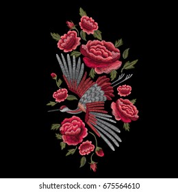 Crane bird, flowers, rose, plant. Traditional folk stylish stylish embroidery on the black background. Sketch for printing on clothing, fabric, bag, accessories and design. Vector, trend