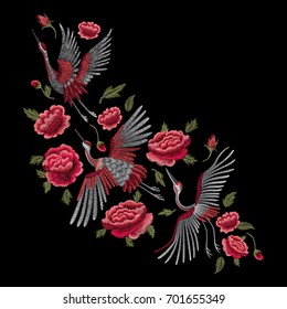 Crane bird, flowers, rose, plant. Traditional folk stylish stylish embroidery on the black background. Sketch for printing on clothing, fabric, bag, accessories and design. 