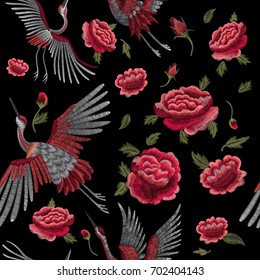 Crane bird, flowers, rose, plant. Traditional folk stylish stylish embroidery on the black background. Sketch for printing on clothing, fabric, bag, accessories and design. Vector, trend