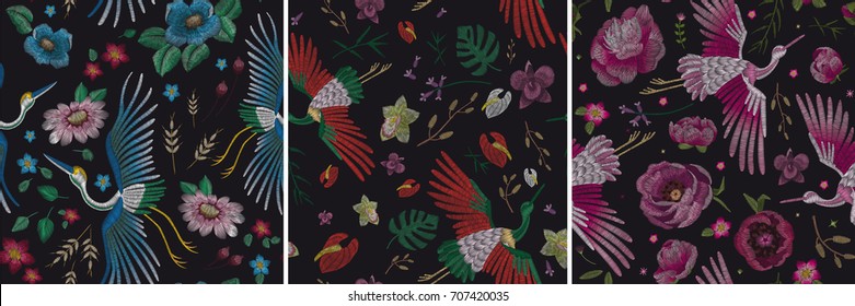 Crane bird, flowers, rose, plant. Traditional folk stylish stylish embroidery on the black background. Sketch for printing on clothing, fabric, bag, accessories and design. Vector, trend