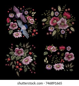 Crane bird, flowers, rose, plant. Traditional folk stylish stylish embroidery on the black background. Sketch for printing on clothing, fabric, bag, accessories and design. Vector, trend