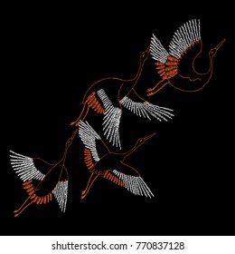 Crane bird, flowers, rose, plant. Traditional folk stylish stylish embroidery on the black background. Sketch for printing on clothing, fabric, bag, accessories and design. Vector, trend