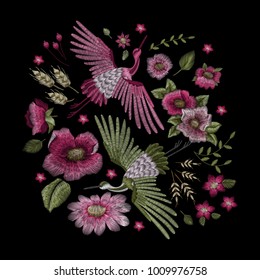 Crane bird, flowers, rose, rose-hip, plant. Traditional folk stylish stylish embroidery on the black background. Sketch for printing on clothing, fabric, bag, accessories and design. Vector, trend
