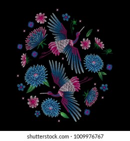 Crane bird, flowers, rose, rose-hip, plant. Traditional folk stylish stylish embroidery on the black background. Sketch for printing on clothing, fabric, bag, accessories and design. Vector, trend