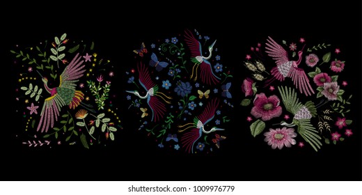 Crane bird, flowers, rose, rose-hip, plant. Traditional folk stylish stylish embroidery on the black background. Sketch for printing on clothing, fabric, bag, accessories and design. Vector, trend