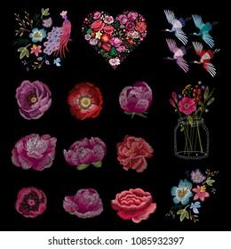 Crane bird, flowers, rose, rose-hip, plant. Traditional folk stylish stylish embroidery on the black background. Sketch for printing on clothing, fabric, bag, accessories and design. Vector, trend