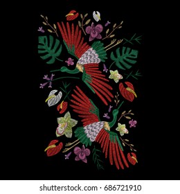 Crane bird, flowers, rose, rose-hip, plant. Traditional folk stylish stylish embroidery on the black background. Sketch for printing on clothing, fabric, bag, accessories and design. Vector, trend
