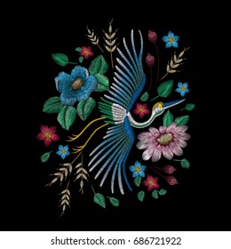 Crane bird, flowers, rose, rose-hip, plant. Traditional folk stylish stylish embroidery on the black background. Sketch for printing on clothing, fabric, bag, accessories and design. Vector, trend