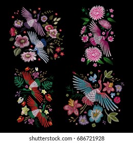 Crane bird, flowers, rose, rose-hip, plant. Traditional folk stylish stylish embroidery on the black background. Sketch for printing on clothing, fabric, bag, accessories and design. Vector, trend