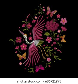 Crane bird, flowers, rose, rose-hip, plant. Traditional folk stylish stylish embroidery on the black background. Sketch for printing on clothing, fabric, bag, accessories and design. Vector, trend