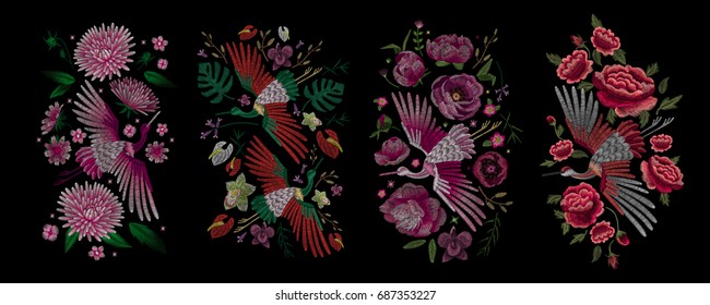 Crane bird, flowers, rose, rose-hip, plant. Traditional folk stylish stylish embroidery on the black background. Sketch for printing on clothing, fabric, bag, accessories and design. Vector, trend